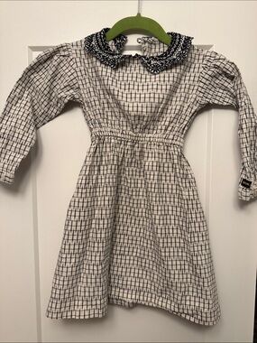 Girls White Grid-Print Dress with Embroidered Black Collar